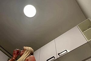 hot sexy natural big tits braless wife goes no panties in the kitchen