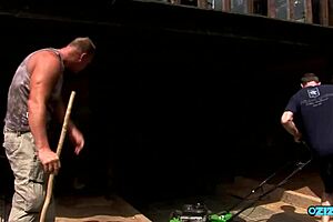 Two gardeners take a break from work to spitroast a sexy asian teen 18+