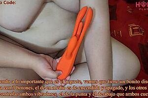 Woman drills holes with vibrator dildo