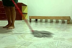 chubby neighbor cleans new apartment