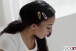 Petite brunette pornstar shyly licks wet pussy in pool during hardcore fucking and deepthroat session