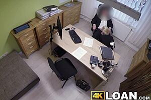 Blonde beauty drilled missionary for money loan in office