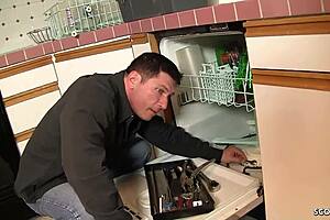 Curvy teen tricks repairman into rough cheating fuck