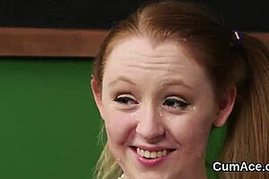 oh wow, nasty looker gets cumshot on face eating cream