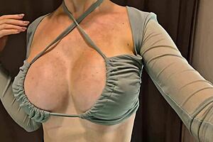 curvy blonde with big tits tries on sexy see-through outfit in changing room