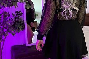 i feel so aroused by this sexy milf in blue ribbon crotchless panties, her curves driving me wild