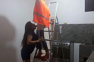 observing the athletic roofer's maintenance work led to seduction and intense standing sex