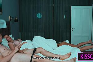 sharing bed for threesome fuck in dorm room