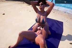 Two milf lesbians enjoy beach sex in bikinis