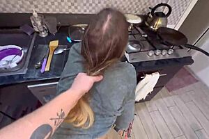 pretty girl gets cum in mouth and hair in kitchen