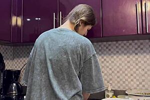 pretty girl gets cum in mouth and hair in kitchen