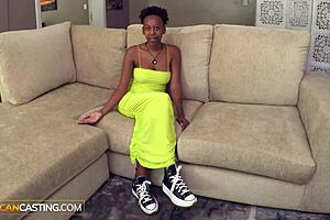 The vexed ebony babe sucks the casting agent's big white cock for the job.