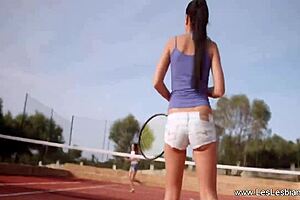 on the tennis court, two lustful lesbians indulge in masturbation with toys