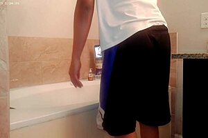 tidying up the bathroom during house chores