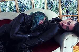 Three lesbians heat up office in tight leather play