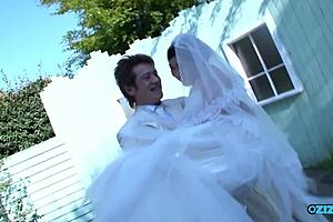 new asian bride in wedding gown fingers hairy pussy for sneaky visitor blowjob