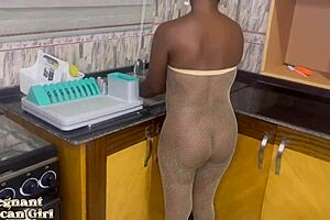 Pregnant Ebony Teases Bent Over Kitchen Fuck in Lingerie Full Video