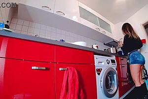 curvy girl in tight short jeans and hot pants teases her fat ass steamily