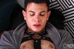 macho guy stroking hard cock in chastity cage tease 😈🔒