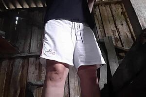 village brunette sneaks barn masturbation orgasm with clothes on