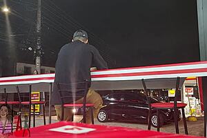 wife flashes tits gets filled with milk by stud in front of cuck husband outdoors