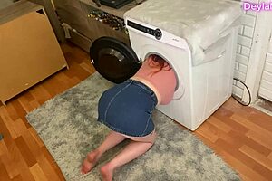 busty milf stuck in washer takes huge cock deep in pussy