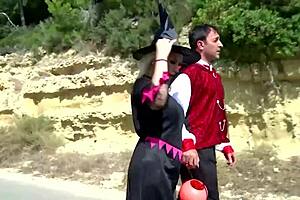 Blonde in costume stops party for two guys' intense group fuck