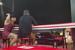 wife flashes tits gets filled with milk by stud in front of cuck husband outdoors