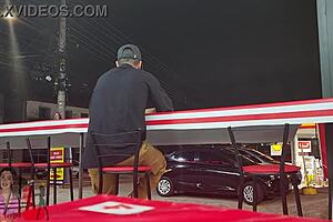 wife flashes tits gets filled with milk by stud in front of cuck husband outdoors