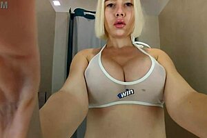 Juicy blonde bikini babe flashes big tits and wet pussy in public locker room hidden cam closeup