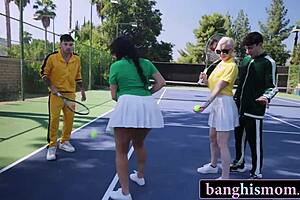Two gorgeous milfs turn tennis into wild foursome bang!