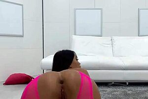 monika fox teases shaved pussy in pink fishnets