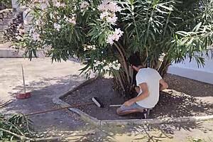 busty italian gardener pays horny brunette with sloppy blowjob and cum gulp in italian moans