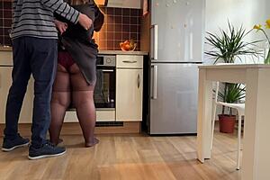 bbw fingers wet hairy pussy in kitchen before fat ass cumshot