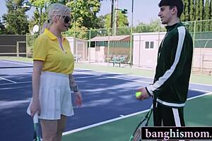 Two gorgeous milfs turn tennis into wild foursome bang!