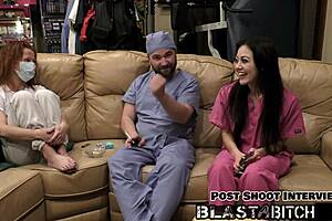 Blaire celeste sucks two cocks in nurse roleplay then blasts cum on face!