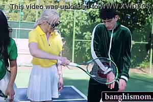 Two gorgeous milfs turn tennis into wild foursome bang!