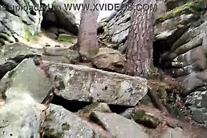 Shemale strokes glass dildo on road