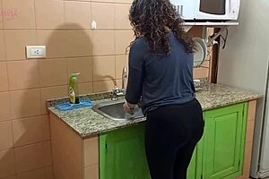 horny latina neighbor fingers shaved pussy during visit