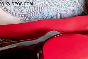 Milf's Legs Tempt in Red Pantyhose Black Heels