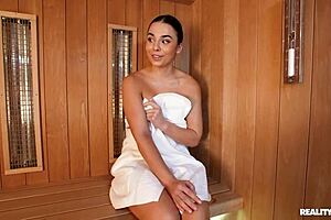 brunette gags deepthroated choked in steamy sauna reality fuck