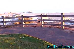 Amateur homemade POV lesbian babe fingers licks small tits pussy outdoors