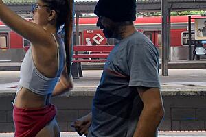 Daring couple pounds pussy fiercely in crowded public train terminal