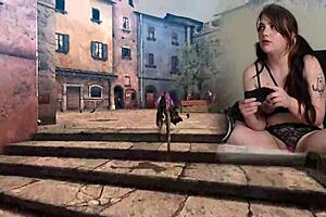 sexy gaming bimbo in pigtails vibes pussy during bayonetta play