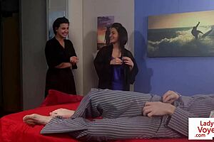 cute lingerie femdoms tease and humiliate their jerking sub guy