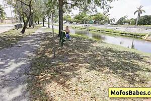 muscular bald me seduces petite blondie teen near lake