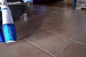 Latina Milf Struts in Ankle Boots and Blue High Heels with Nylon Stockings