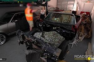 Roadside Mechanic Pounds Huge-Titted Babe in Garage Doggy