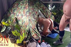 Curvy nudist milf bent over in nature camp gets pussy fucked by stranger outdoors