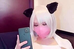 masked asian ladyboy crossdresses masturbates on cam solo